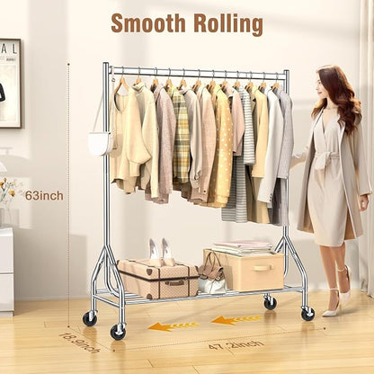 EAGMAK Heavy Duty Clothes Rack Load 420 LBS, 47.2" Long Rolling Garment Rack with Lockable Wheels, Standing Metal Clothing Hanger, Portable Wardrobe Sturdy Coat Organizer for Hanging Clothes (Silver)