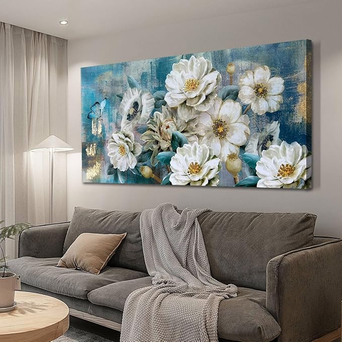 Arjun Flowers Canvas Wall Art for Bedroom White Elegant Teal Picture, Textured Floral Magnolia Painting Living Room Wall Decor Turquoise Large Artwork Dining Room Home Office 48"x24"