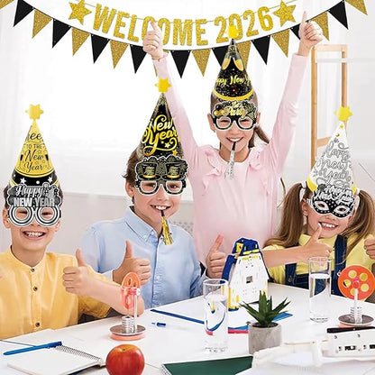2026 New Years Eve Party Supplies Set, Large Happy New Year 2026 Background Banner, Party Cone Hats, Welcome 2026 Banner, 2026 New Years Eyeglasses and Party Blowers