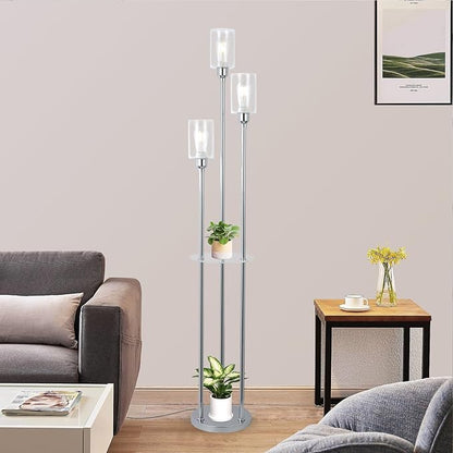 HMVPL Modern Floor Lamps for Living Room, Silver Floor Lamp for Bedroom with Acrylic Shelves, 3-Light Chrome Standing Lamp with Glass Shades, On/Off Foot Switch, Tall Lamp for Corner Office (66")