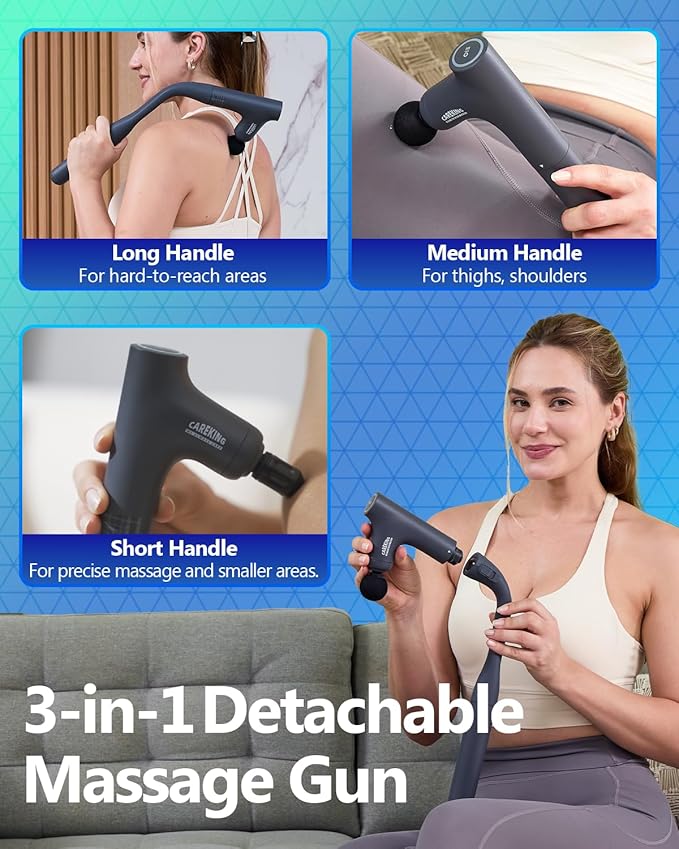3-in-1 Detachable Massage Gun Deep Tissue, Ergonomic Extension Handle Back Massager for Pain Relief, Portable Percussion Muscle Massager for Shoulder, Thigh, Waist & Neck
