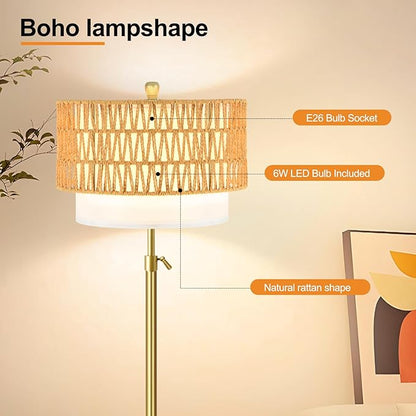 Gold Floor Lamps for Living Room Boho Floor Lamp with Rattan & Fabric Shade, Modern Adjustable Height Standing Lamp Vintage Tall Floor Lamp for Bedroom Living Room Reading Corner (Bulb Included)