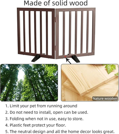 Dog Gate Indoor, Freestanding Dog Fence for The House, Doorways, Hallways,or Stairs,Pet Gate Foldable Wooden,Expandable 24" Height 2 Panels,Brown