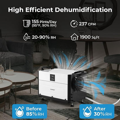 COSTWAY 155 PPD Commercial Dehumidifier, 1900 Sq.Ft Crawl Space Dehumidifier with 9.8 FT Drain Hose & Wired Remote Control Panel, Ideal for Basement, Warehouse (White)