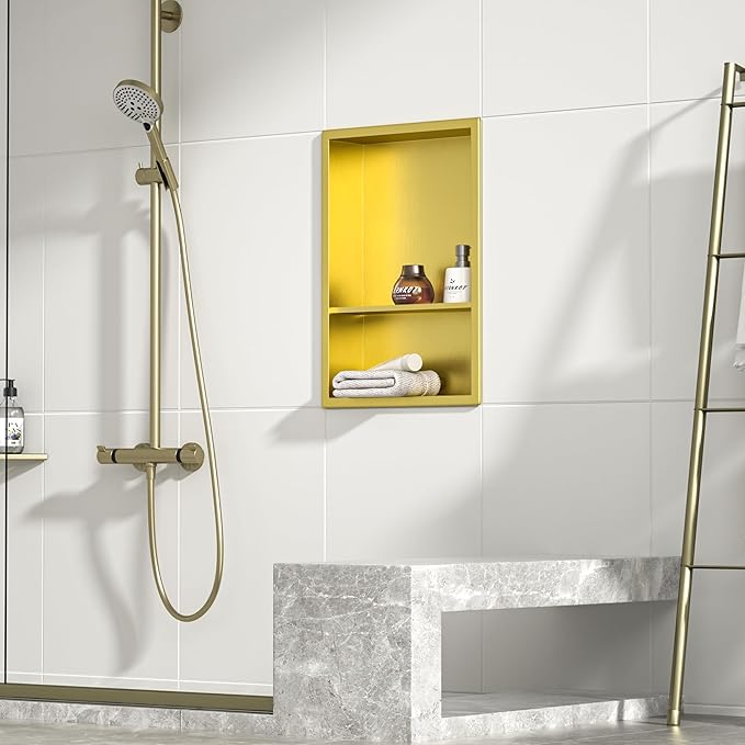 Stainless Steel Shower Niche 18" X 12" Gold No Tile Needed Vertical Niche Shower with Two- Tier Shelves Recessed Wall Niches for Bathroom Storage Over Mount Installation