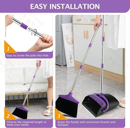 Broom and Dustpan Set with Long Handle, Light Weight Stainless Steel Poles Stand Upright Dustpans with Broom Combo for Home Kitchen Office Pet Dog Hair, 1-Pack (Purple)