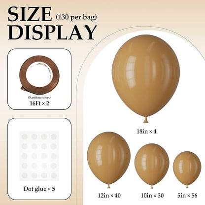 130PCS Cocoa Balloons, Latex Balloons Different Sizes 18/12/10/5 Inch, Helium Balloons with Ribbon, Party Balloon Set for Birthday Wedding Graduation Anniversary Baby Shower Decorations.