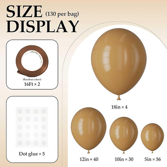 130PCS Cocoa Balloons, Latex Balloons Different Sizes 18/12/10/5 Inch, Helium Balloons with Ribbon, Party Balloon Set for Birthday Wedding Graduation Anniversary Baby Shower Decorations.
