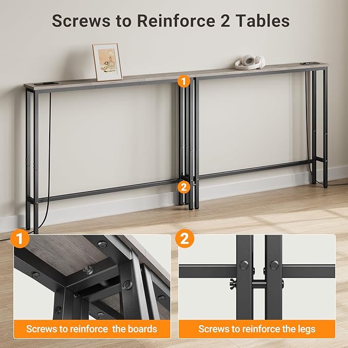 ELYKEN 2 Pack 5.9" Narrow Console Sofa Table with Power Outlets, Total 78.8” Long Behind Couch Table with Charge Station and 5.9’ Extension Cord for Living Room, 5.9" D x 78.8”W x 29.5”H, Gray