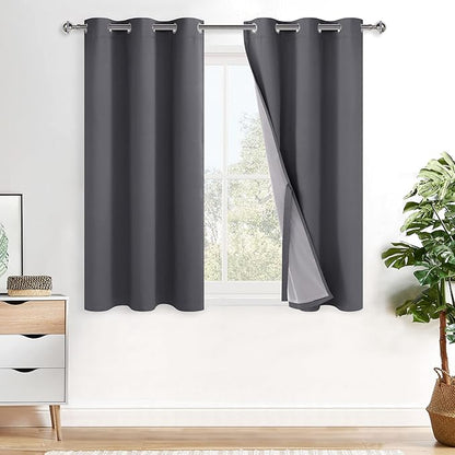 XWZO 100% Blackout Curtains 45 Inches Long with Tiebacks- Privacy Protection & Noise Blocking Window Draperies Grommet Top with Black Liner for Bedroom/Living Room, Dark Grey, W38 x L45, Set of 2