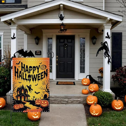 Fokongna Happy Halloween Garden Flag, Halloween Ghost Bat Haunted Castle Decor Flag, 12x18 Inch Burlap Vertical Double Sided Flags, for Home Yard Outside Decorations