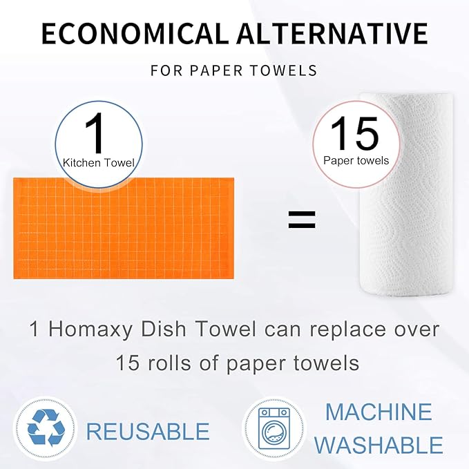 Homaxy 100% Cotton Terry Kitchen Towels(Orange, 13 x 28 inches), Checkered Designed, Soft and Super Absorbent Dish Towels, 4 Pack