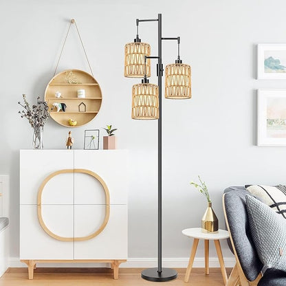 Boho Floor Lamp for Living Room Bedroom-3 Light Dimmable Floor Lamp with Three Led Bulb, Rustic Tall Lamp Black Standing Lamp Tree Floor Lamps for Living Room Bedroom,Office,Corner