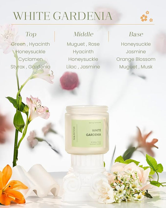 M&SENSE White Gardenia Scented Candle - 11.6oz Natural Soy Wax 70-Hour Long Lasting Burn Time Non Toxic, 2-Wick Spring Flower Candle for Home Decor Slow-Burning Aromatherapy Gifts