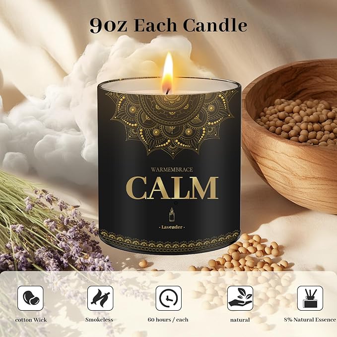 WarmEmbrace Scented Candles, 9 Oz Candle Sets for Home, Office, Meditation, Yoga, Candle Set for Women & Men, Birthday, Christmas, Anniversary, Valentine's Day Present, (2 Pack, Lavender & Vanilla)