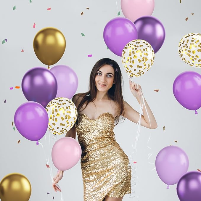 Pink and Purple Balloons, 60Pcs Pastel 12 Inch Metallic Gold Confetti Latex Balloons for Girls Birthday Baby Shower Bridal Butterfly Party Decorations