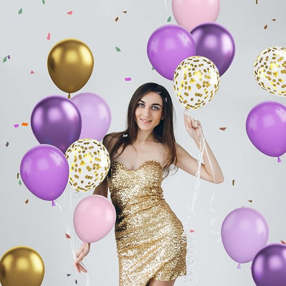 Pink and Purple Balloons, 60Pcs Pastel 12 Inch Metallic Gold Confetti Latex Balloons for Girls Birthday Baby Shower Bridal Butterfly Party Decorations
