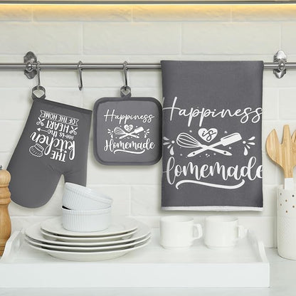 Sratte 6 Pcs Kitchen Decor Accessories Set Farmhouse Towels Pot Holders Oven Mitts Set 2 Dish Towels 2 Potholders 2 Cooking Mittens Oven Glove for Christmas Baking Cooking Supply(Dark Gray,Kitchen)