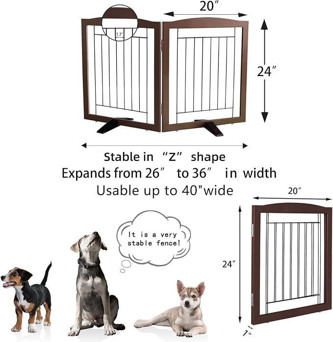 ZJSF Freestanding Dog Fence Indoor, Foldable Dog Gate for Doorways, Stairs or Hallways, Sturdy Wood Extra Wide Pet Gate with Support Feet for The House, Brown, 24 "Height-2 Panels