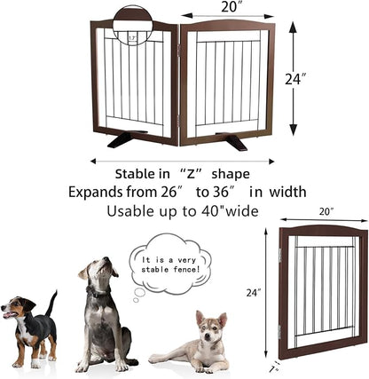ZJSF Freestanding Dog Fence Indoor, Foldable Dog Gate for Doorways, Stairs or Hallways, Sturdy Wood Extra Wide Pet Gate with Support Feet for The House, Brown, 24 "Height-2 Panels