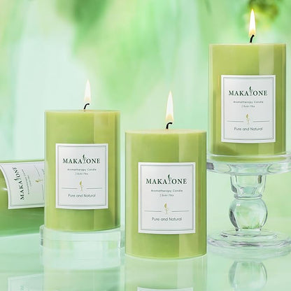 4 Pack Sage & White Tea Scented Pillar Candles,Natural Soy Wax Pillar Candles-2.8x4In,60H Long Lasting Burning Fragrance Candles for Home,Spa,Stress Relief & Wedding,Dinner Table(Sage Green)