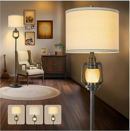 Floor Lamp for Living Room Vintage Standing Lamp with Linen Fabric Hardback Shade Industrial Tall Lamp With Night Light Decor for Living Room, Bedroom,Study, Home Office (Bulb Included)