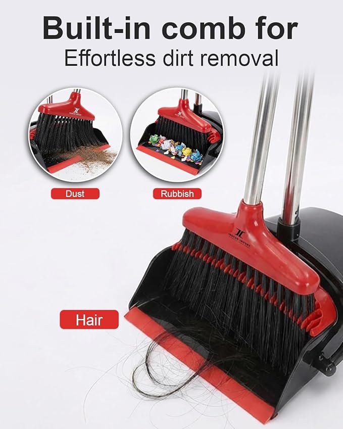 Broom and Dustpan Set Upright Standing Sweeper with Long Handle Folding Dust Pan with Built-in Teeth Comb Indoor & Outdoor Cleaning Compact Storage Broom Dustpan Combo Set