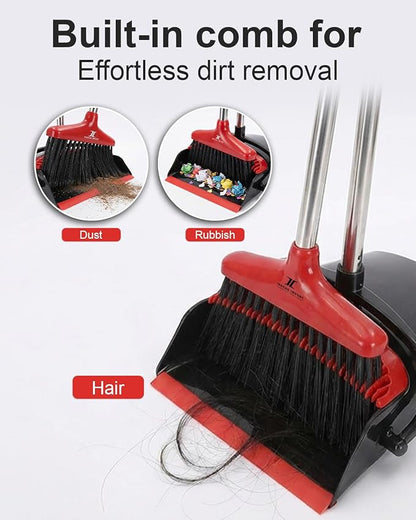 Broom and Dustpan Set Upright Standing Sweeper with Long Handle Folding Dust Pan with Built-in Teeth Comb Indoor & Outdoor Cleaning Compact Storage Broom Dustpan Combo Set