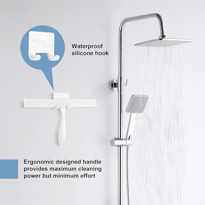 Shower Squeegee for Glass Doors, 11-Inch Silicone Squeegee with Non-Slip Handle and Adhesive Hook for Bathroom, Mirror, Tile, Car Window (White)