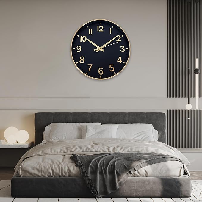 HZDHCLH Wall Clocks Battery Operated,Wall Clock Black Gold,14 inch Wall Clock Silent Non Ticking Modern 3D Numbers for Kitchen Bedroom Living Room Office Classroom Decor
