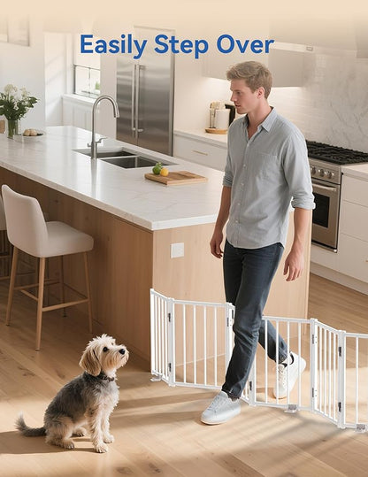 Free Standing Foldable Dog Gate, 16.5" High Step-Over Metal Short Pet Gate, Up to 72" Wide Puppy Fence for Stairs and Doorways, Indoor & Outdoor Use, No Drilling and No Assembly, White