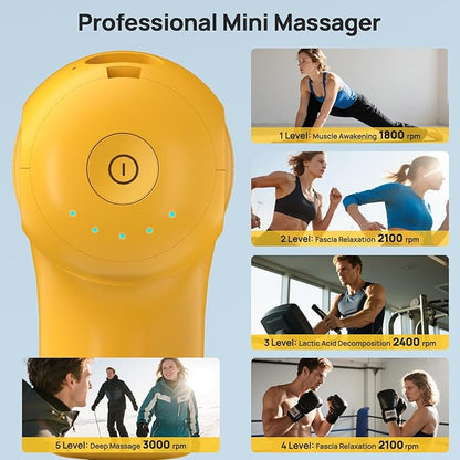 Mini Massage Gun Deep Tissue, Handheld Portable Mini Travel Size Percussion Deep Tissue Massager with 4 Attachments & 5 Speeds, Ideal Gift for Men & Women, Yellow