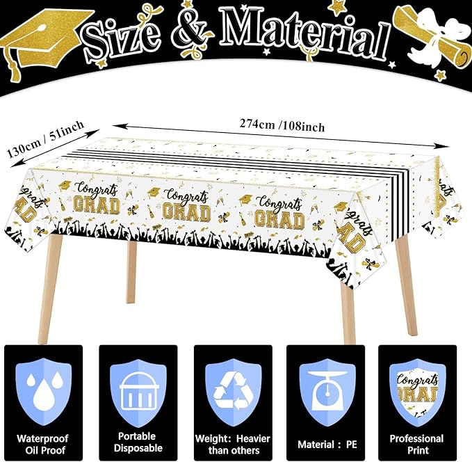 chiazllta Set of 3 Graduation Tablecloths Class of 2024 Congrats Grad Purple Graduation Party Tablecover Decorations Party Supplies Large Size Plastic 54"x109"(White & Gold)
