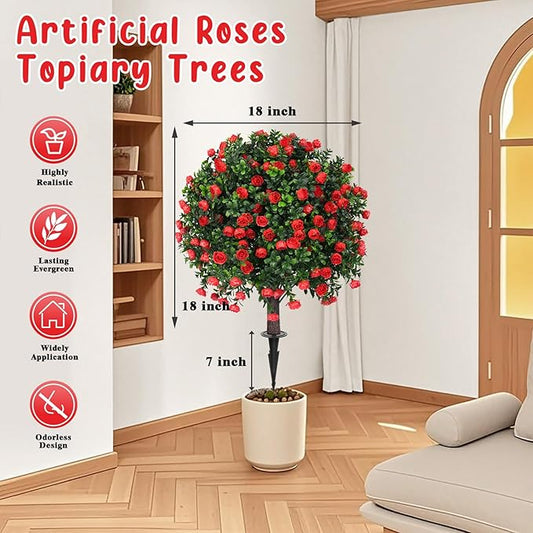 Artificial Boxwood Topiary Tree with Rose, Set of 2 Artificial Shrub Bushes with Ground Spike, Fake Evergreen Tree for Porch, Artificial Plants for Outdoor Planters Indoor UV Resistant