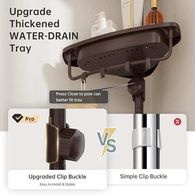 Corner Shower Caddy Tension Pole Brown Shower Caddy 18/8 Stainless Steel Rustproof 4 Tier Adjustable Shower Organizer Bathroom Shelves Storage Rack 32-122inch