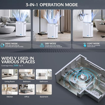 2500 Sq.Ft Dehumidifier for Basement, 34 Pints Energy Star Certified Dehumidifier for Home with Drain Hose, Bedroom, Bathroom, Smart App Control, 3 Operation Modes