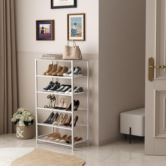 HOMEFORT Shoe Rack 6-Tier, Shoe Storage Shelf, Industrial Shoe Tower, Narrow Shoe Organizer for Closet Entryway, Small Shoe Rack Table with Durable Metal Shelves,White Oak