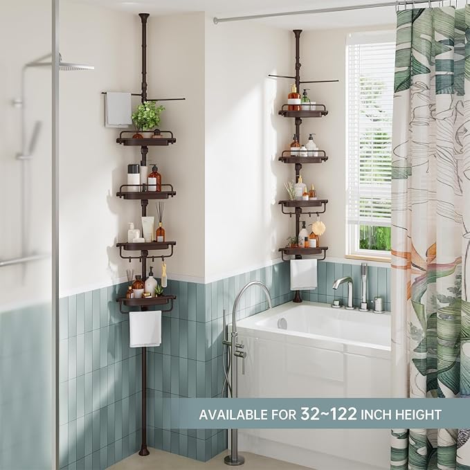 Corner Shower Caddy Tension Pole Brown Shower Caddy 18/8 Stainless Steel Rustproof 4 Tier Adjustable Shower Organizer Bathroom Shelves Storage Rack 32-122inch