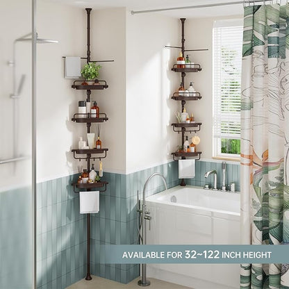 Corner Shower Caddy Tension Pole Brown Shower Caddy 18/8 Stainless Steel Rustproof 4 Tier Adjustable Shower Organizer Bathroom Shelves Storage Rack 32-122inch