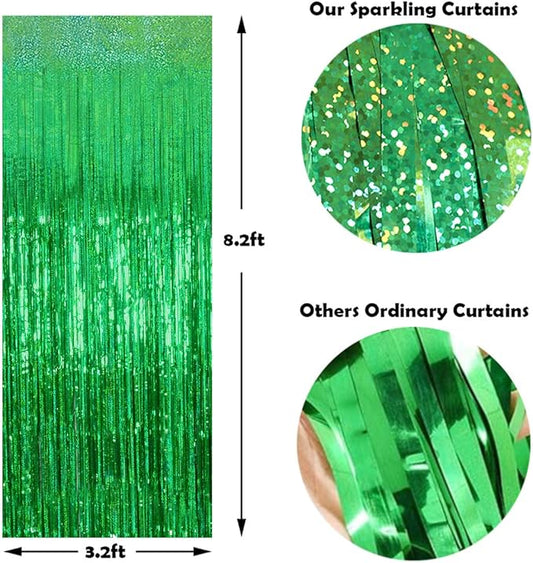 Foil Fringe Curtains Christmas Decorations - Melsan 3 Pack 3.2 x 8.2 ft Green Tinsel Curtain Party Photo Backdrop for Birthday Party Baby Shower or Graduation Decorations