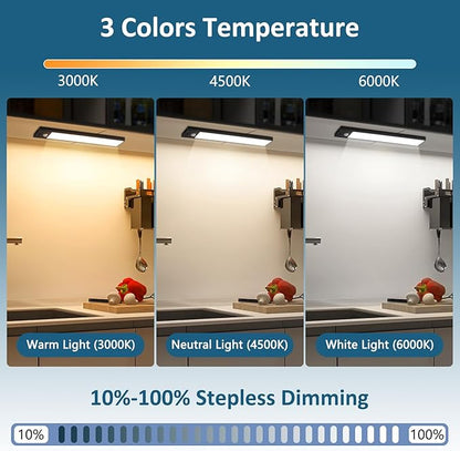 Ascher 10.2inch Under Cabinet Lights, 2000mAh Rechargeable Motion Sensor Light Indoor, 3 Color Temperatures & Stepless Dimmable Closet Lights, Magnetic Under Counter Light for Kitchen, Black - 2 Pack