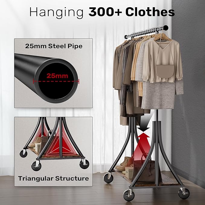 MAXLEAD Clothes Rack, Clothing Rack with Wood Shelves 500 LBS Heavy Duty Garment Rack for Hanging Clothes Portable Closet Sturdy Coat Rack for Bedroom, Living Room, Laundry, Balcony, Black