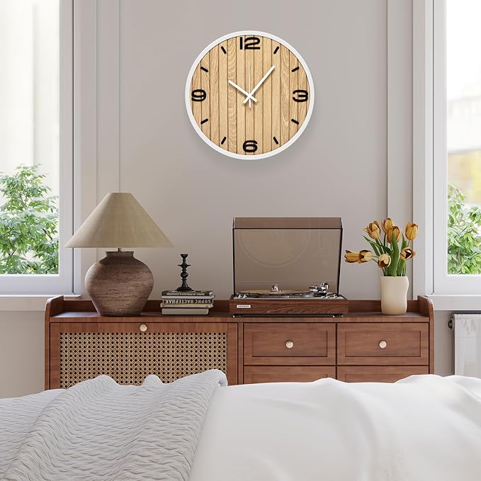 Round Wall Clock Battery Operated, Modern Wooden Small Analog Clocks 12 Inch Silent Non-Ticking for Home, Office, Apartment, Living Room, Bathroom, Kitchen, Bedroom