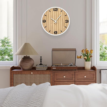 Round Wall Clock Battery Operated, Modern Wooden Small Analog Clocks 12 Inch Silent Non-Ticking for Home, Office, Apartment, Living Room, Bathroom, Kitchen, Bedroom