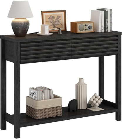 BREEZEHEAT 40" Fluted Console Table with 2 Drawers, Modern Wood 2 Tier Entryway Table with Storage Shelf, Narrow Sofa Table Behind Couch Accent Table for Entrance Foyer, Hallway, Living Room, Black