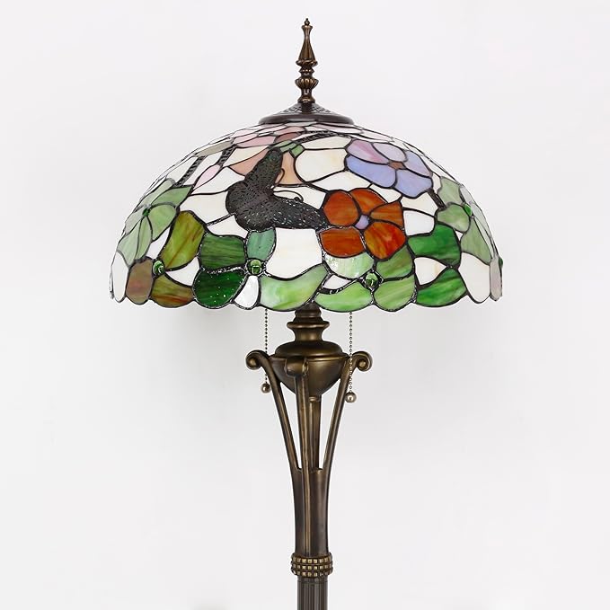 Tiffany Floor Lamp Butterfly Flower Stained Glass Standing Reading Light 16X16X70 Inches Antique Pole Corner Lamp Decor Bedroom Office Living Room