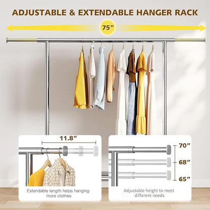 Raybee Heavy Duty Clothes Rack, Clothing Racks for Hanging Heavy Clothes 200+, Rolling Clothing Rack Load 485 LBS, Extendable & Adjustable Portable Commercial Garment Rack with Wheels