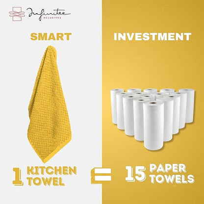Infinitee Xclusives Premium Kitchen Towels – Pack of 3, 100% Cotton |15 x 25| Inches Absorbent Dish Towels - Terry Kitchen Dishcloth Towels - Yellow Dish Cloth for Household Cleaning