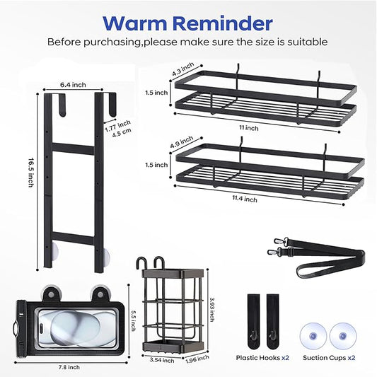 Over the Door Shower Caddy Hanging, Rustproof Shower Shelves with Waterproof Phone Pouch, 2-Tier Adjustable Bathroom Organizers and Storage, No Drilling Shower Shelf, Black Shampoo Soap Holder