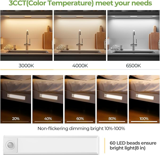 8inch Under Cabinet Lights,60 LED,USB-C 1800mAh Rechargeable Battery,3 Color Temperature,Dimmable,Motion Sensor Cordless Under Counter Light for Wardrobe,Bedroom,Kitchen,Stairs(2pack 3CCT)